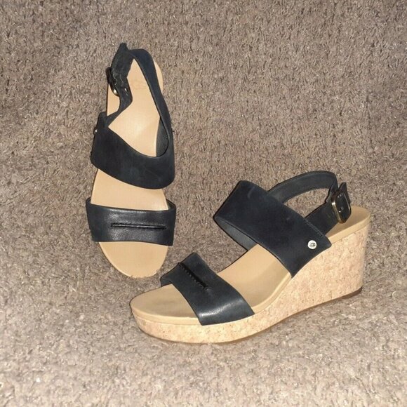UGG-Elena II-Black Leather Platform Wedge Sandal Cork-Size 9-Excellent - Picture 1 of 8